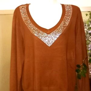 Bling 💎 Rhinestoned V Neck Copper Brown Tunic Sweater